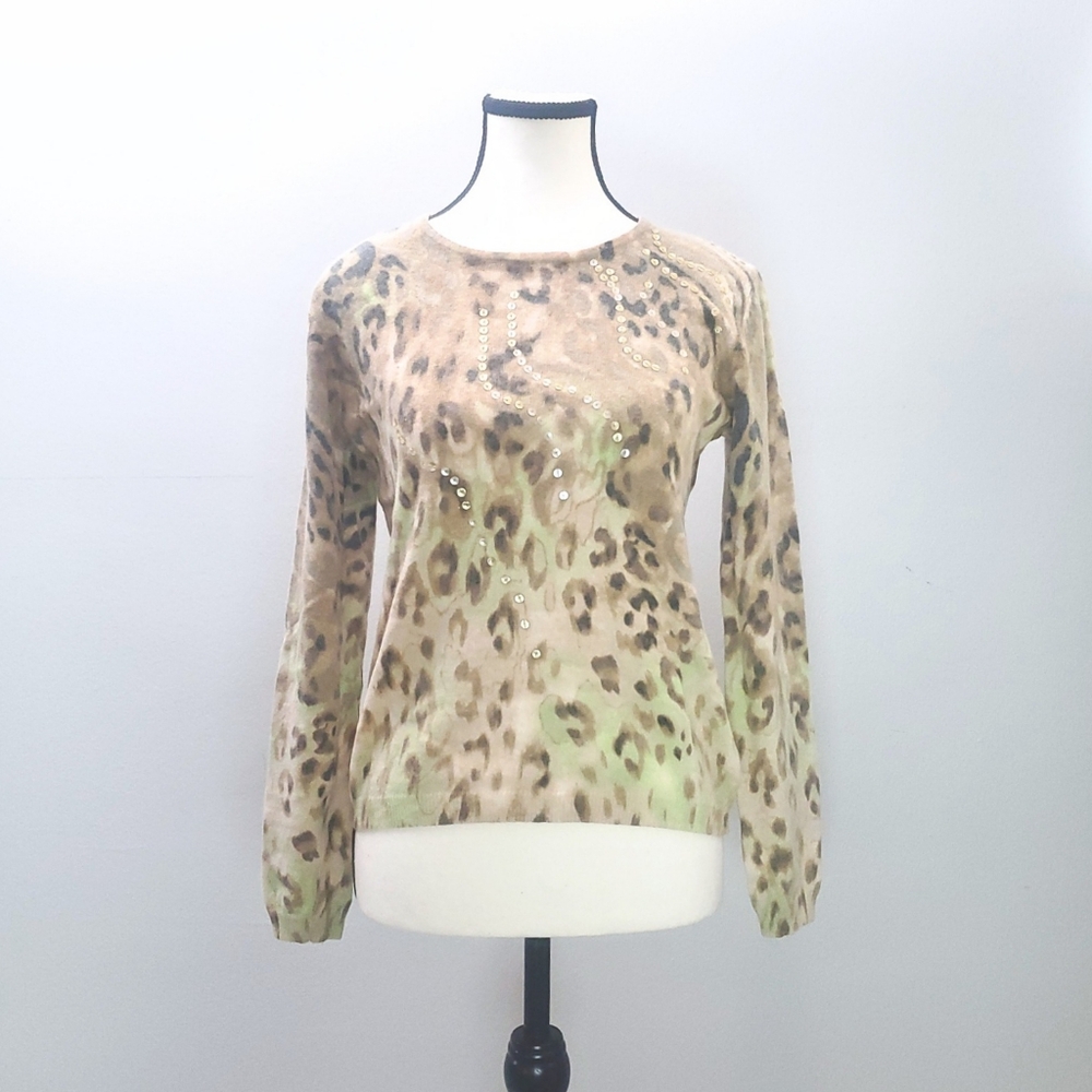 Olsen US 6 Brown, Beige & Pistachio Green Leopard Print Wool Knit with Sequins